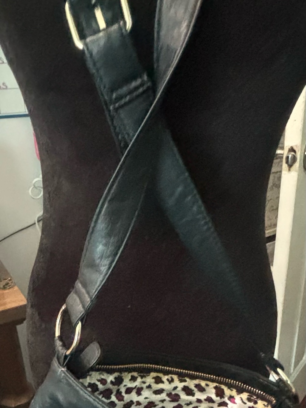 BONGO Black Leather Crossbody Bag with Leopard Accent